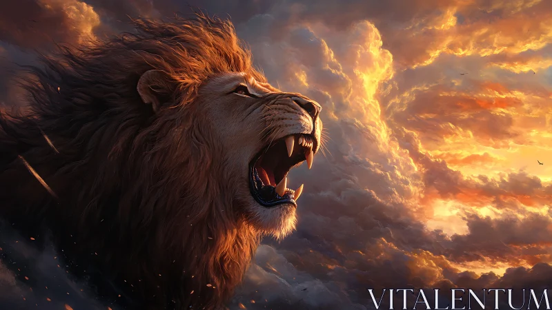Roaring lion merges with blazing storm clouds at sunset