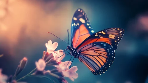 Butterfly on blossoms with defocused bokeh background.