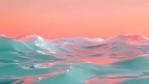 Pastel cyan waves ripple under soft coral sunset sky