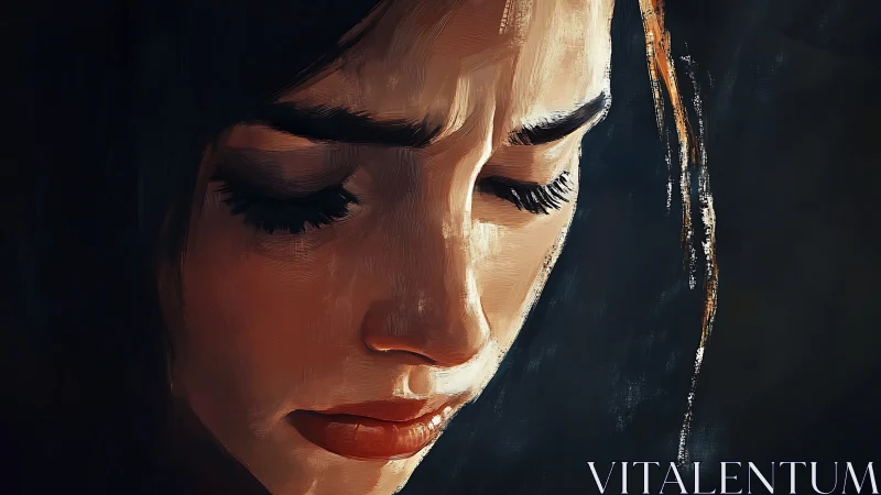 Melancholic female portrait in chiaroscuro digital strokes.