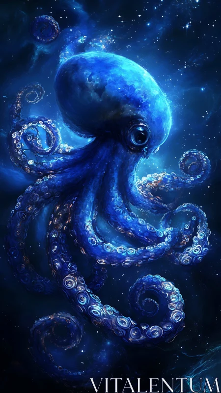 Cosmic blue octopus drifts gently through a starlit galaxy
