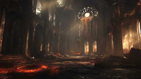 Ruined Cathedral Interior Engulfed in Apocalyptic Flames and Light.