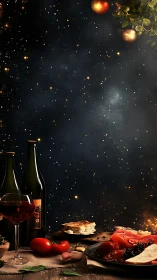 Cosmic holiday dinner scene with wine, antipasti, and stars.