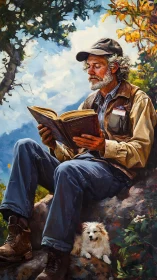 Elderly hiker reads hardcover book outdoors in textured oil strokes