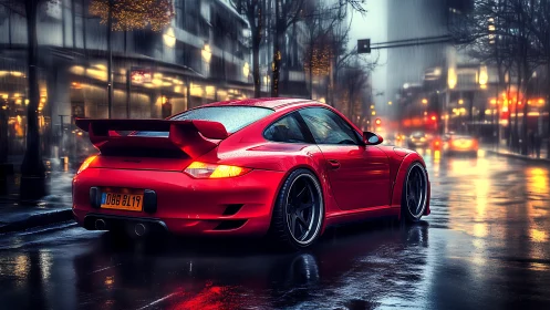 Red sports coupe on wet city street at night in rain.
