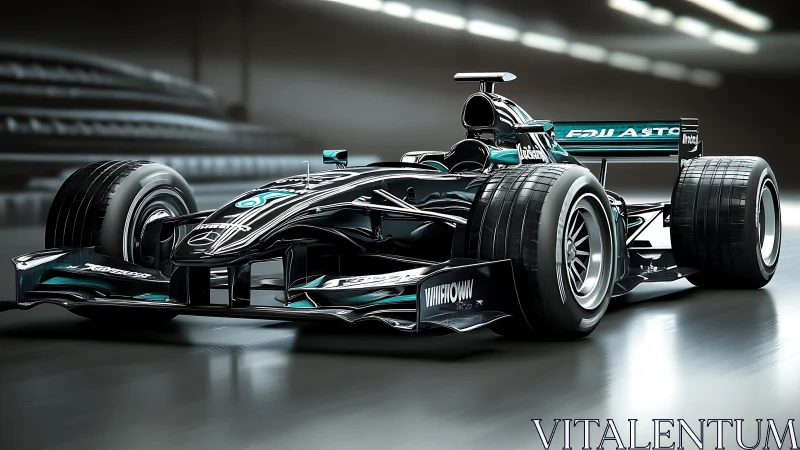 Midnight silver formula racer slicing through neon speedway.