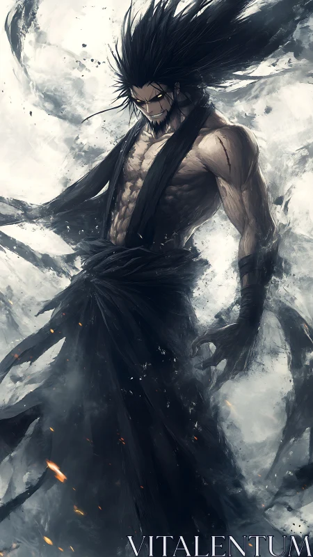 Dark-haired warrior in swirling tattered black robes stands poised.