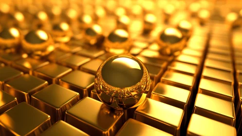 Golden sphere ascends above molten grid of gleaming cubes.