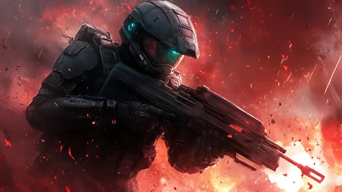 Armored sci fi soldier charging through explosive battlefield.