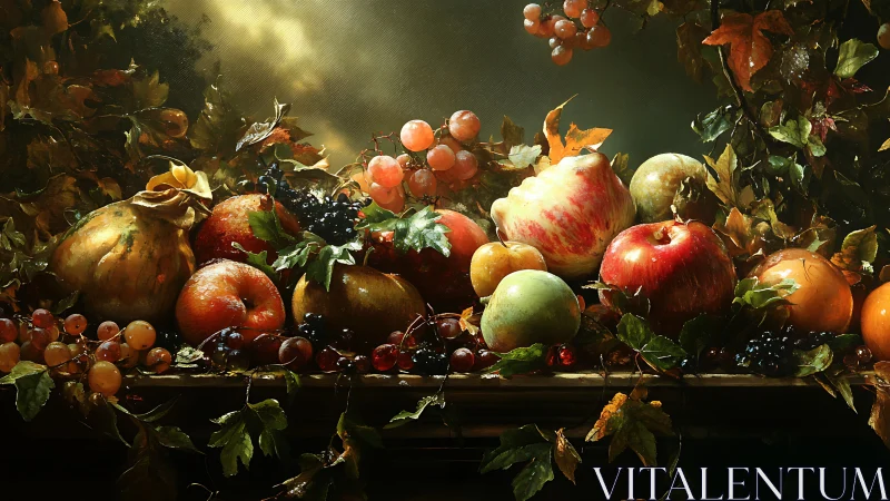 Baroque still life of autumn fruits with grapes and foliage