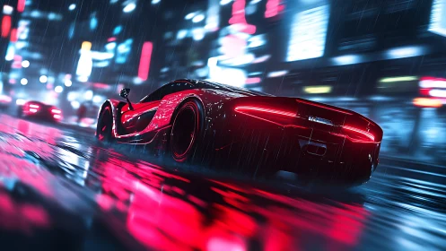 Neon-lit hypercar racing through rain-soaked city streets.
