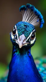Macro telephoto portrait isolates iridescent peacock head plumage