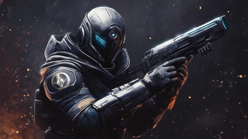 Armored sci fi sentinel aiming neon rifle in sparks.