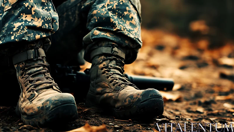Photorealistic close-up of combat boots in autumn field.