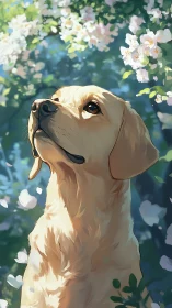 Golden retriever portrait under dappled spring blossom light