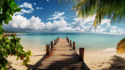 Wooden pier extending into turquoise tropical waters under blue sky.