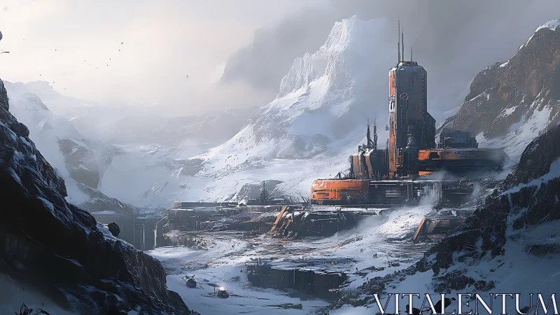 Futuristic industrial base in harsh frozen mountain valley.