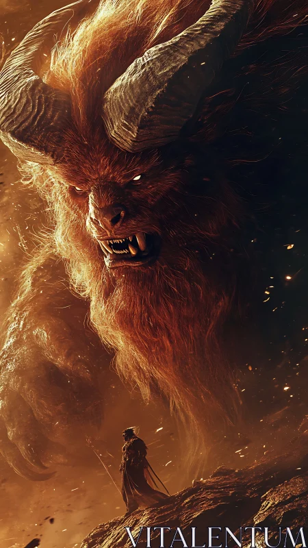 Fiery horned demon towers over lone warrior on cliff.