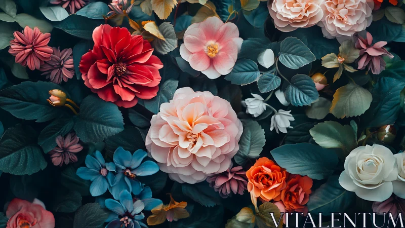 Layered Floral Composition with Contrasting Blooms.