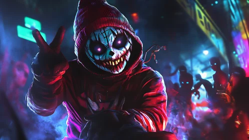 Neon masked trickster in cyberpunk alley with spectral crowd.