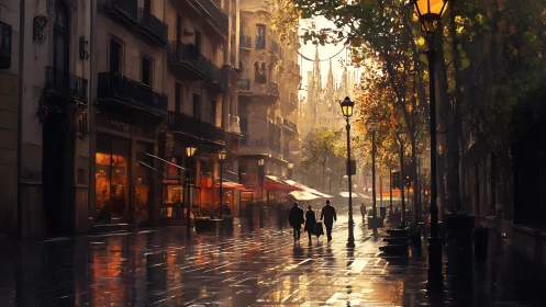 City street shows wet pavement, warm lights and distant cathedral