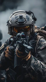 Armed soldier in tactical gear aiming rifle in combat