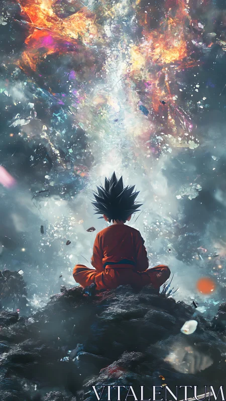 Young warrior meditates beneath a cosmic energy storm.