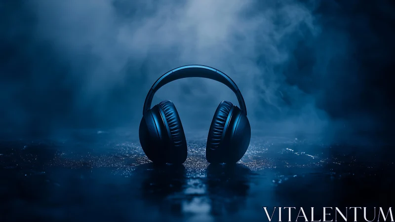 Black Headphones Resting on Luminous Blue Surface.