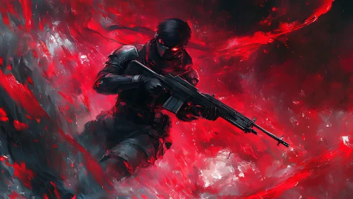 Tactical masked soldier with assault rifle in red vortex field