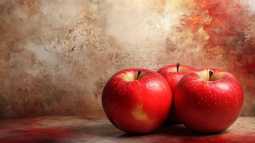 Rich red apples rest softly against a rustic textured wall