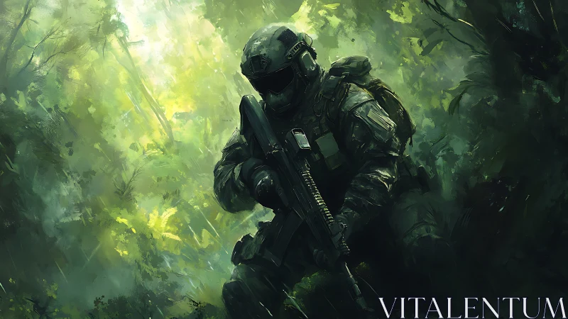 Armored soldier holds rifle while advancing through dense jungle