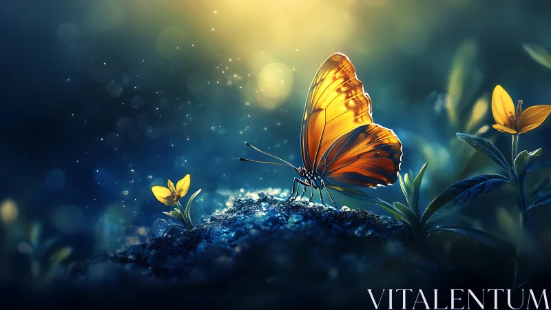 Backlit orange butterfly rendered with macro depth-of-field glow