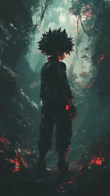 Solitary figure in dense forest corridor with red embers.