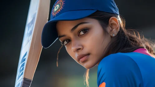 Stoic young cricketer with bat and blazing quiet focus.