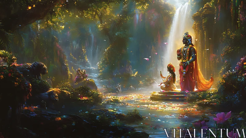 Divine figures illuminated by volumetric waterfall light in lush forest