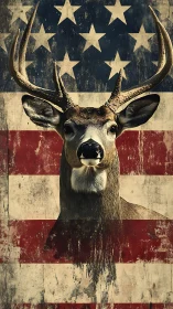 Deer portrait set against worn American flag backdrop.