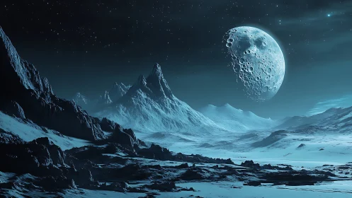 Lunar ice valley with fractured moon in cinematic digital painting.