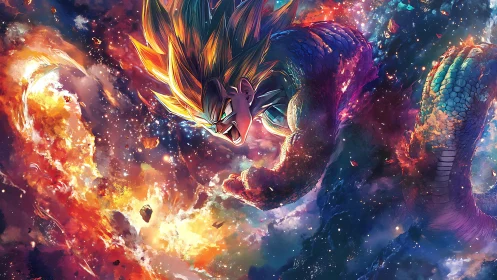 Saiyan warrior ignites cosmic dragon spiral in nebula storm.