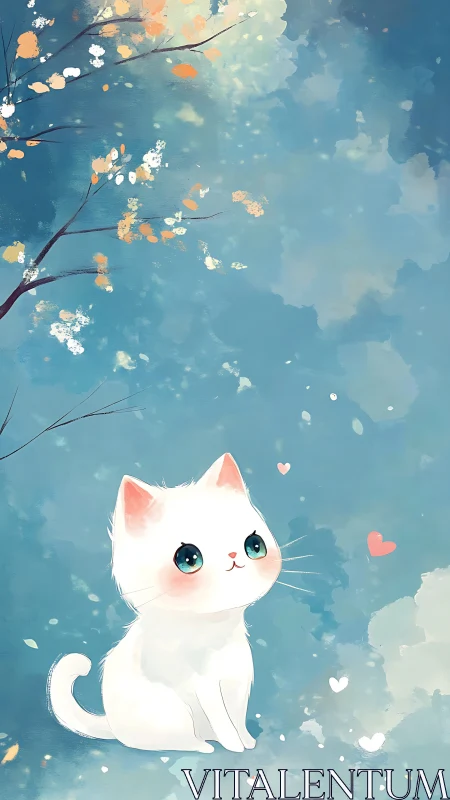 White Cat with Blue Eyes Under Blossom Tree