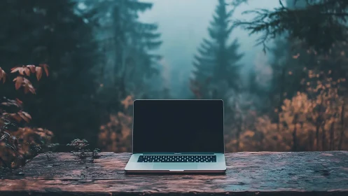Laptop computer on weathered wooden surface in forest setting.
