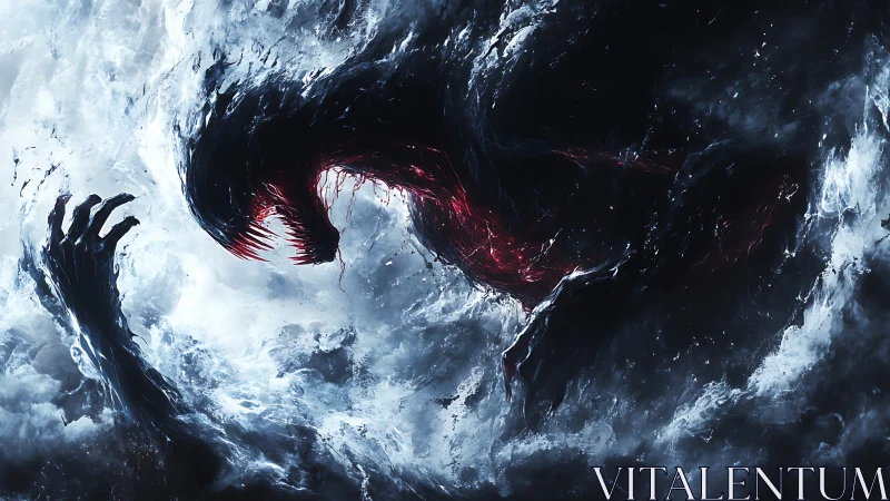 Stormborn shadow lunges through crimson‑lit cosmic surf