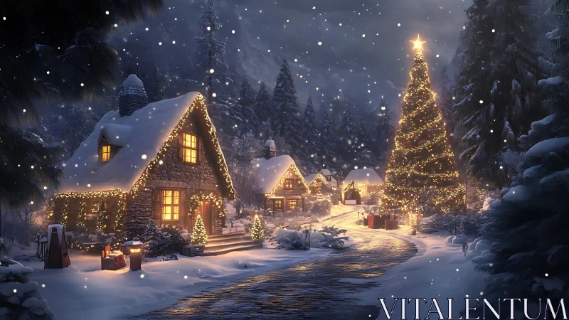 Snowy Christmas village glows with warm festive lights.