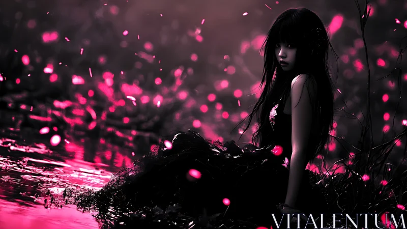 Gothic girl beside neon river under falling pink embers.