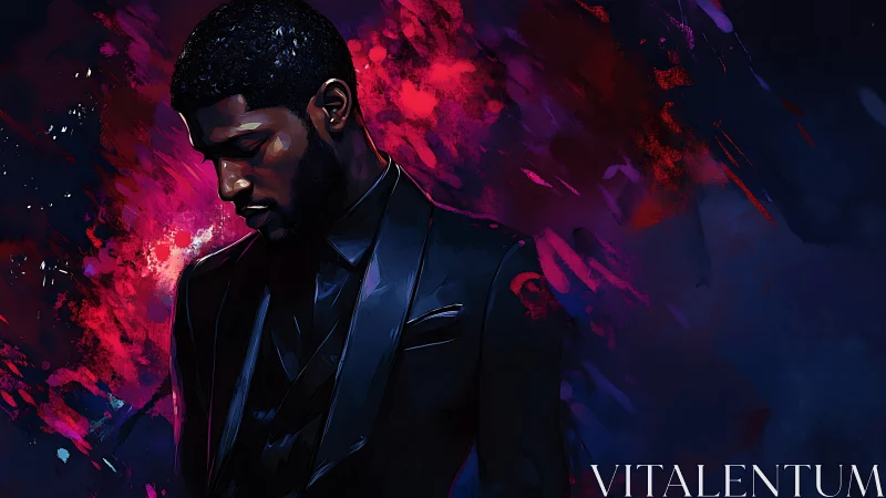 Midnight crooner framed in neon-splashed digital twilight.