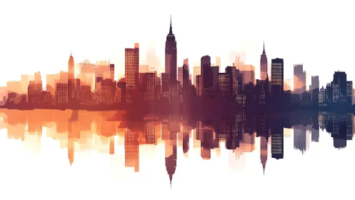 Layered dusk skyline uses mirrored silhouettes and gradient color fields