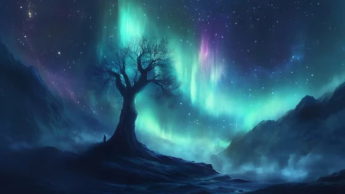 Solitary tree beneath ethereal aurora in misty valley night.