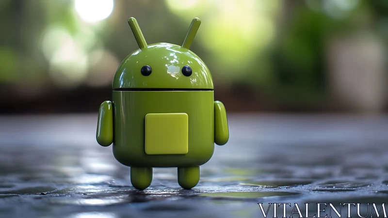 Green robot figurine on stone surface in soft focus garden.