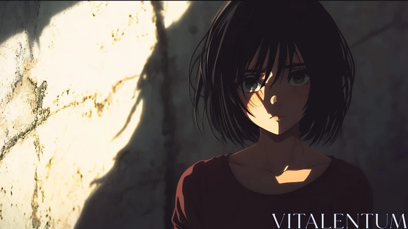 Anime portrait in harsh raking light against distressed wall.