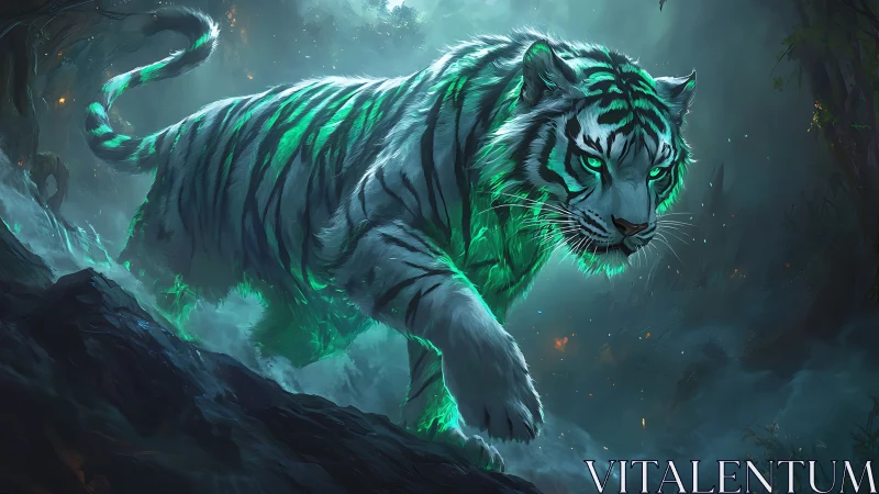 Glowing spectral tiger stalks through a misty enchanted forest