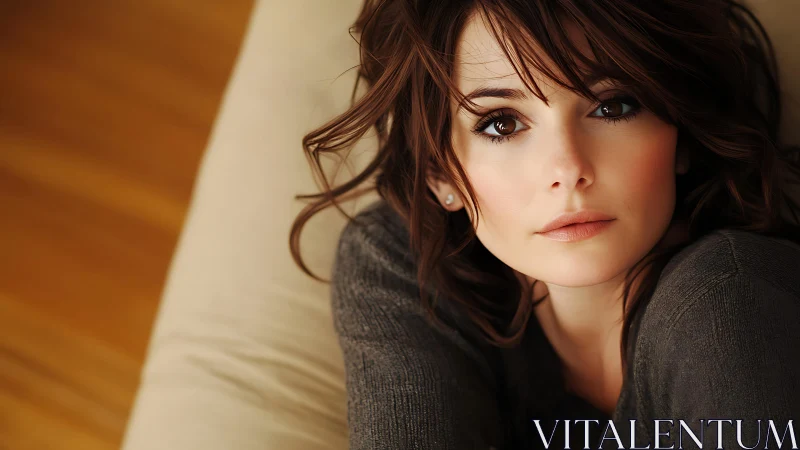 Soft-lit close-up portrait with expressive brown eyes.